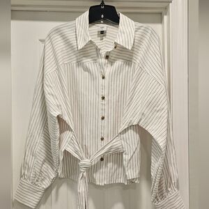 Cabi White Blouse w/ Tan Pinstripe